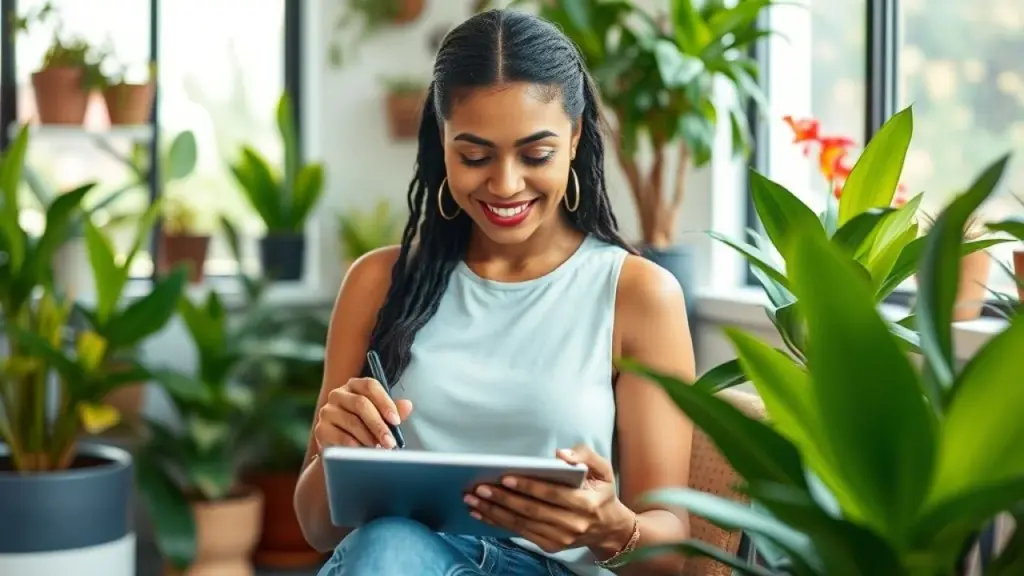 Mulher brasileira planejando conteúdo para redes sociais em espaço de co-working.