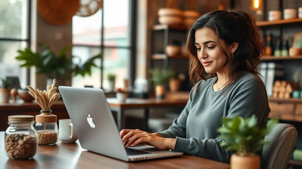 Ana, a Empreendedora Digital, trabalhando em cafeteria no Brasil.