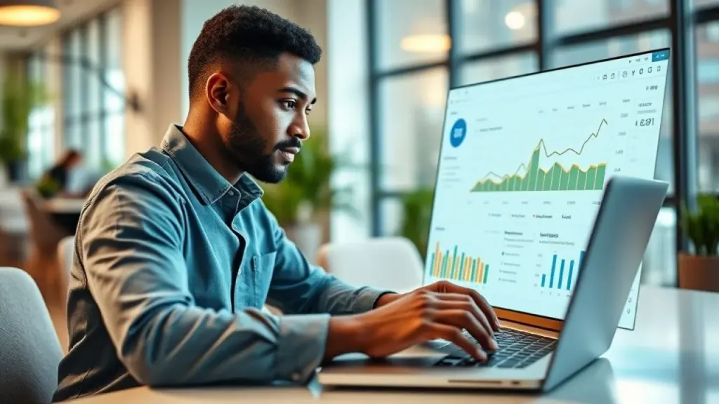 Empreendedor brasileiro analisando dados do funil de vendas em um laptop.