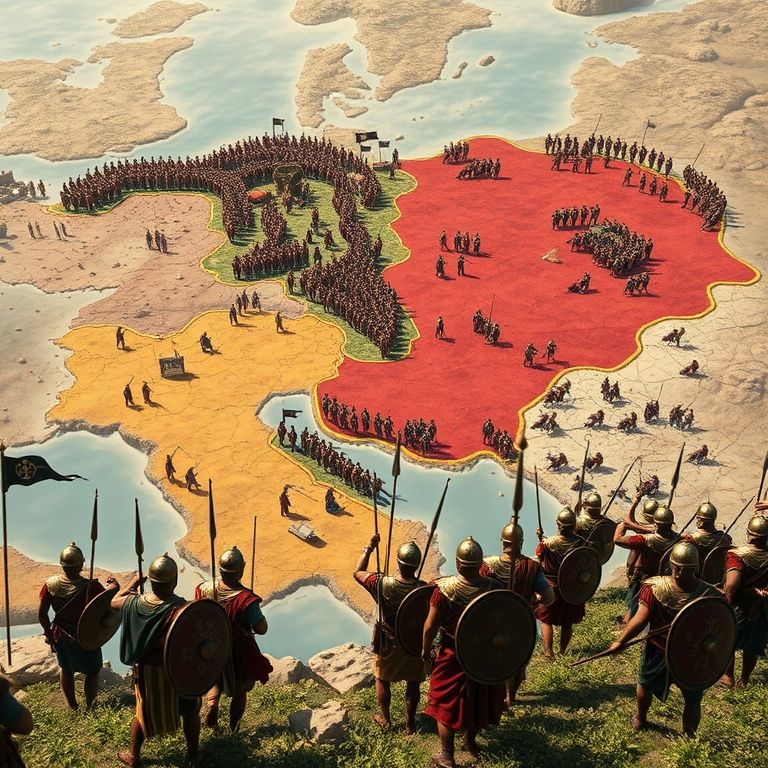 A expansão territorial de Roma após a fundação, mostrando o exército romano em conquistas.