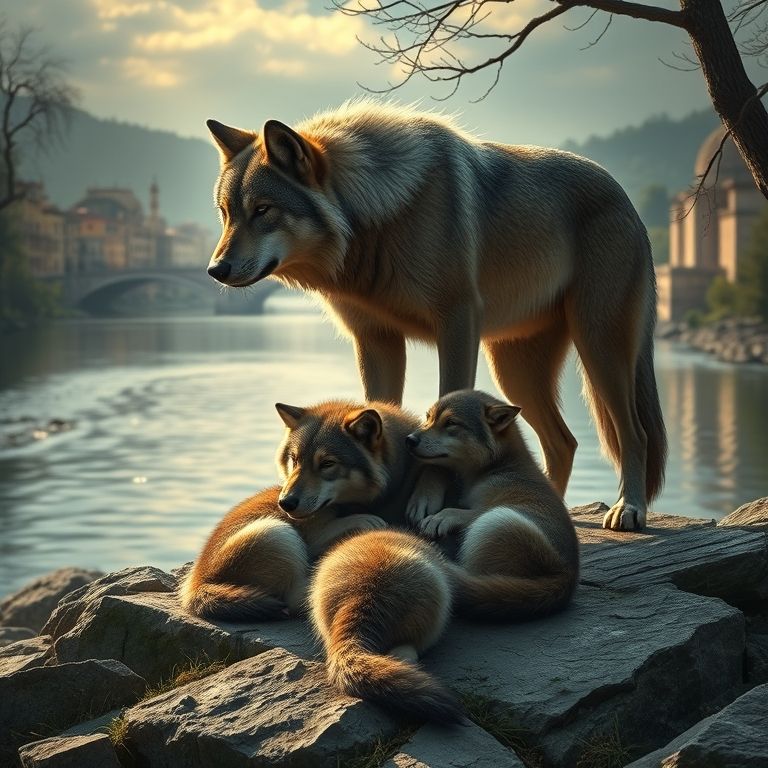 A lenda de Rômulo e Remo amamentados pela loba, fundadores de Roma.