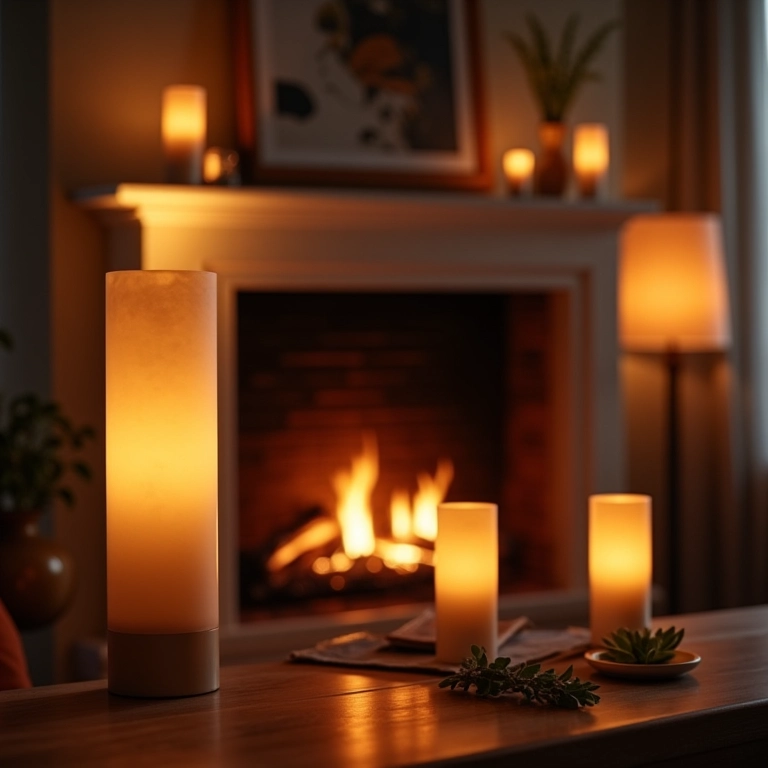 Abajures e luminárias proporcionando luz suave na sala com lareira.