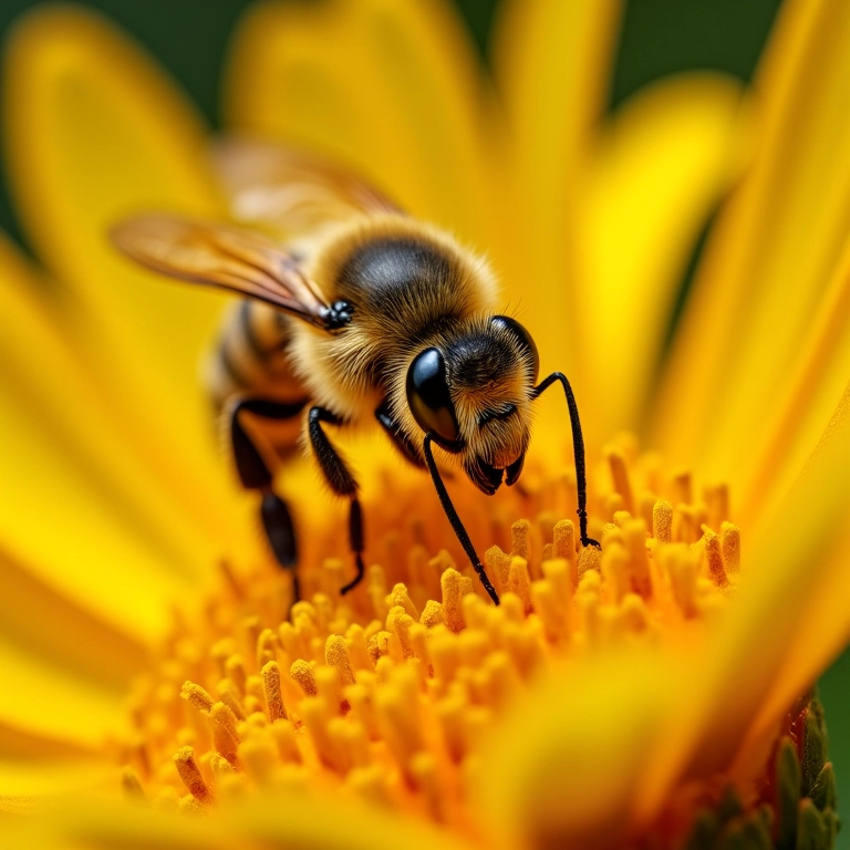Abelha coletando pólen, simbolizando organização e trabalho em equipe.