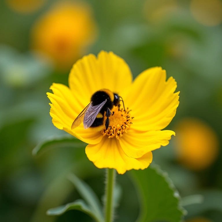 Abelha polinizando flor de abobrinha, atraída por plantas companheiras.