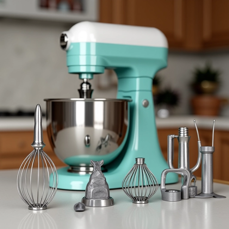 Acessórios de mixer organizados em bancada de cozinha.