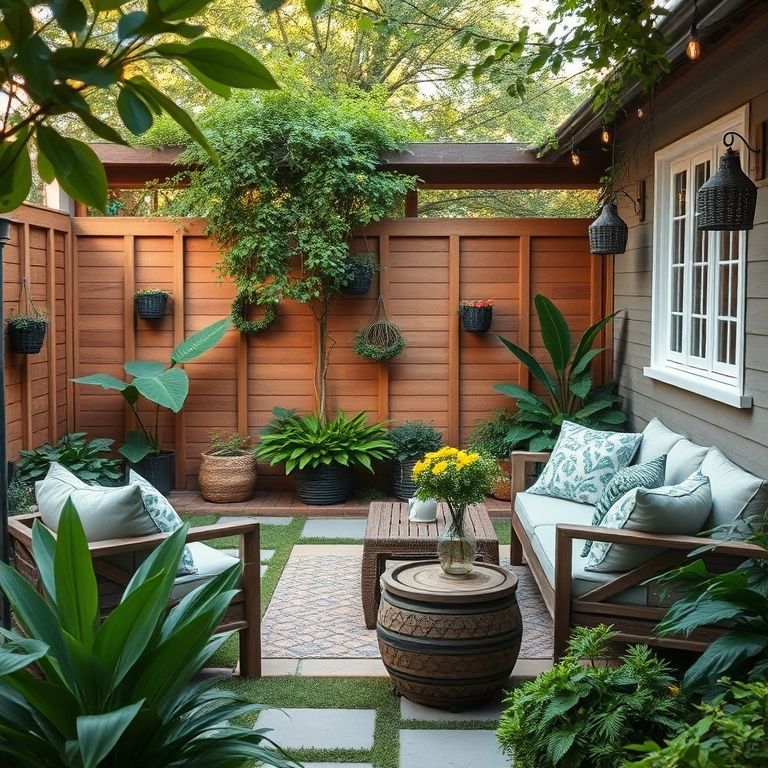 Aconchegante jardim com assentos confortáveis, criando um ambiente relaxante e acolhedor.