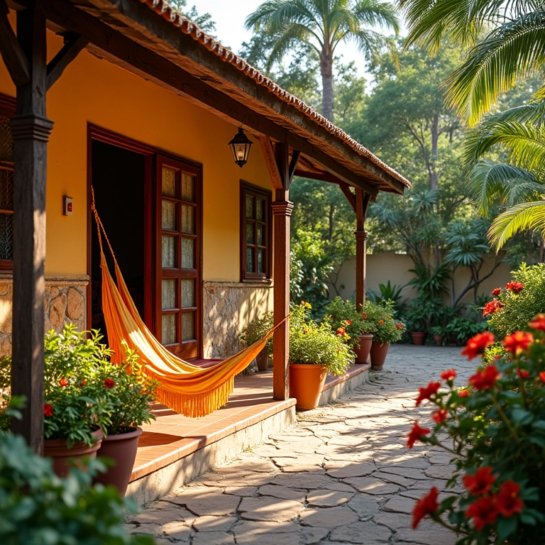 Aconchegante pousada brasileira com redes e flores coloridas.