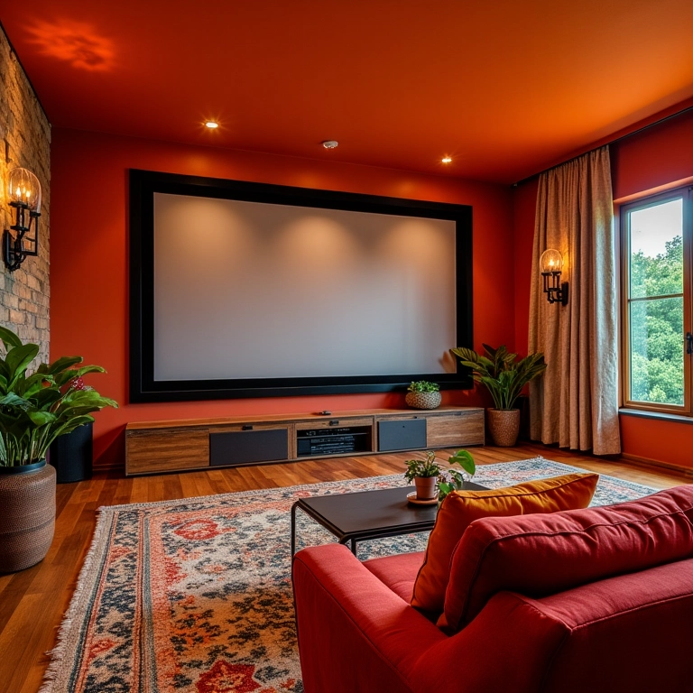 Aconchego e cores vibrantes na decoração de sala de cinema.