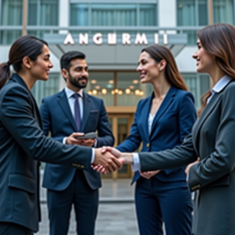 Acordo comercial sendo firmado em frente à embaixada.