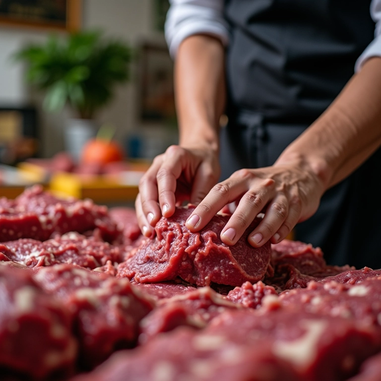 Açougueiro escolhendo carne moída fresca.