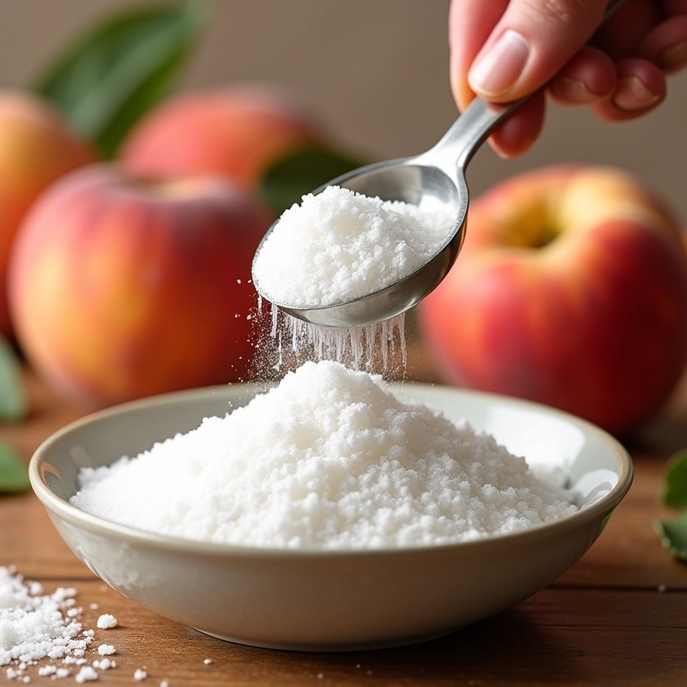 Açúcar granulado sendo medido em uma tigela com pêssegos.