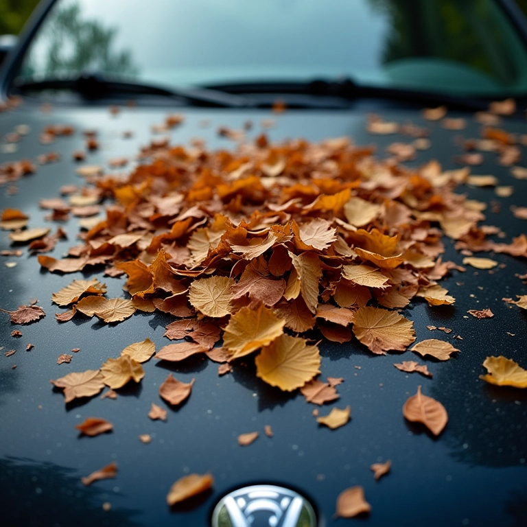 Acúmulo de sujeira e folhas sob o capô de um carro.