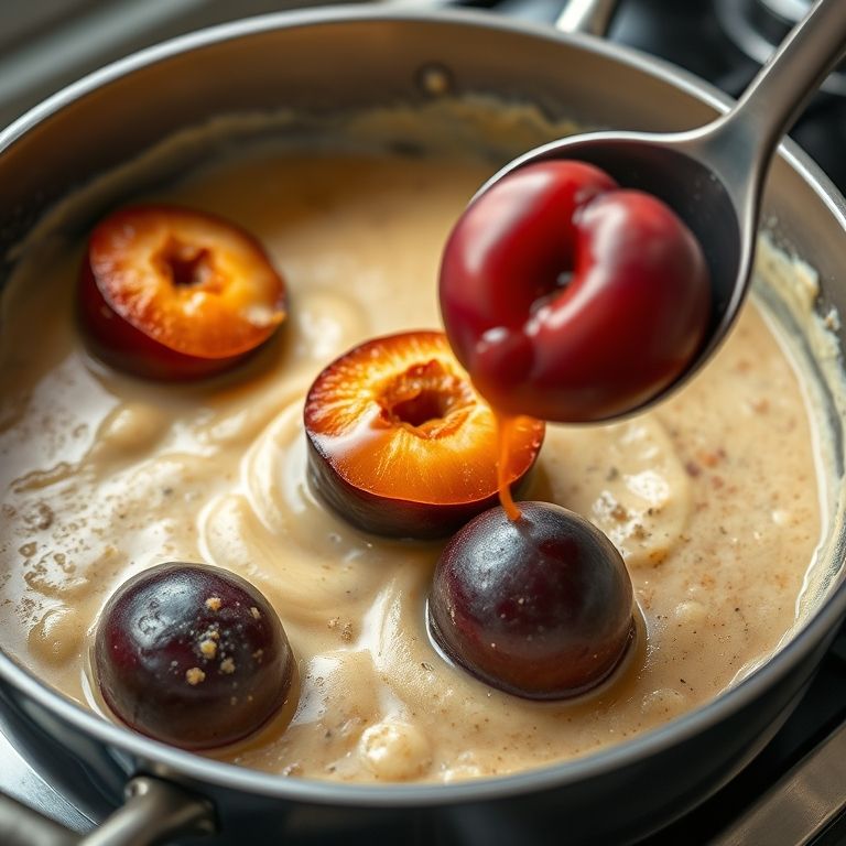 Adicionando as ameixas picadas à panela com o doce de leite.