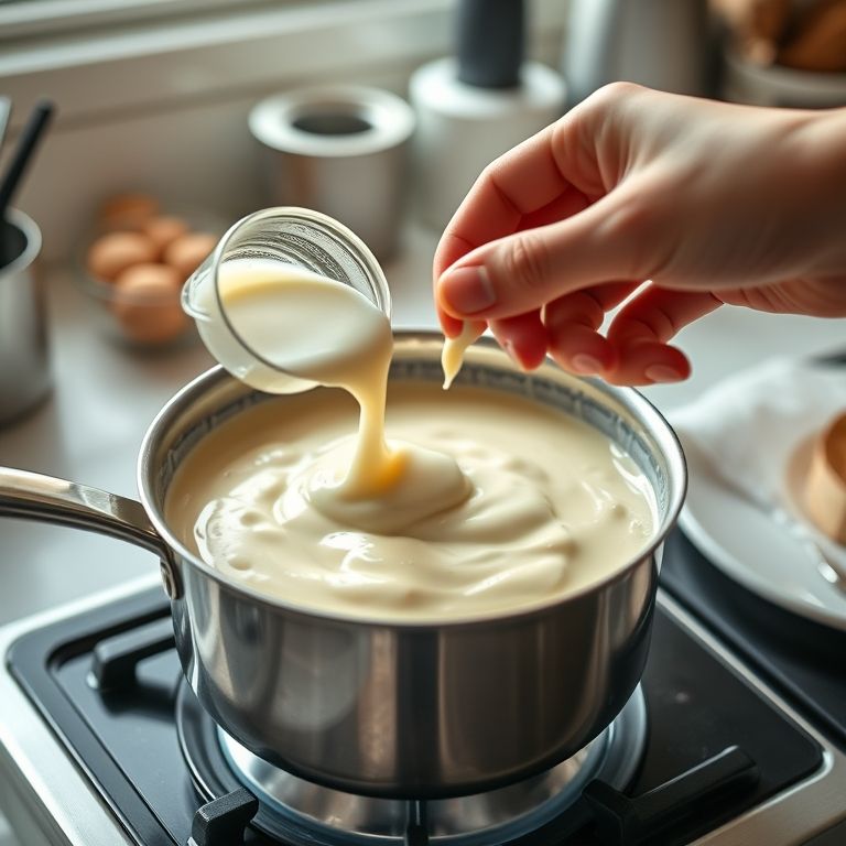 Adicionando creme de leite ao brigadeiro de colher para cremosidade imbatível.