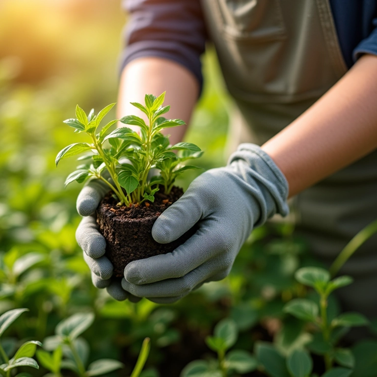Adicionando fertilizante orgânico à erva cidreira em vaso.