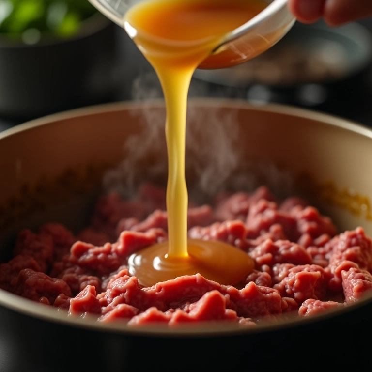 Adicionando líquido à carne moída.