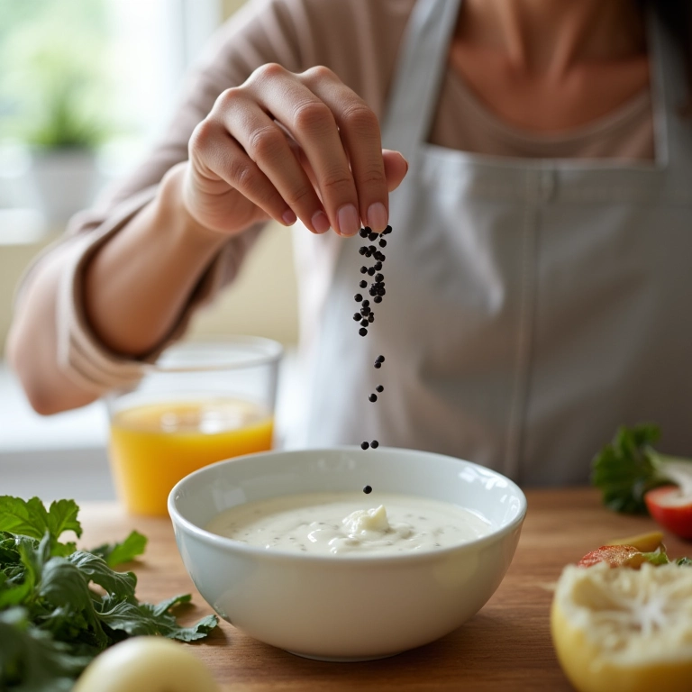 Adicionando pimenta preta ao molho de iogurte.