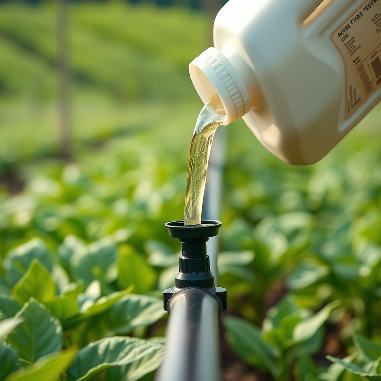 Adubação líquida sendo aplicada diretamente nas raízes através do sistema de gotejamento.