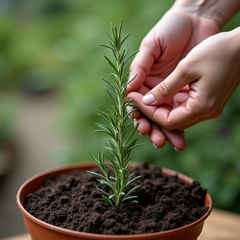 Adubando alecrim em vaso.