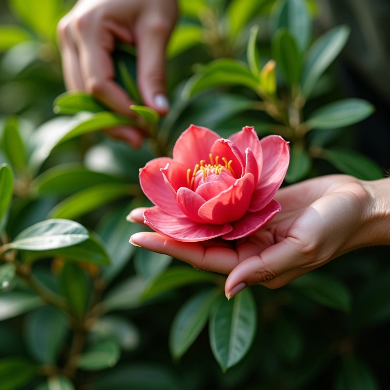 Adubando camélias para um crescimento saudável.