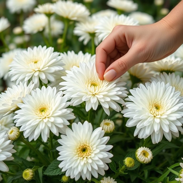 Adubando crisântemos brancos.