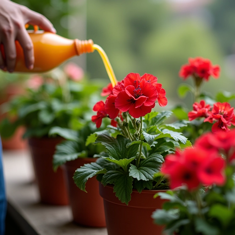 Adubando gerânios em vasos numa varanda.