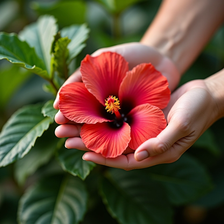 Adubando regularmente a planta de hibisco com fertilizante orgânico.