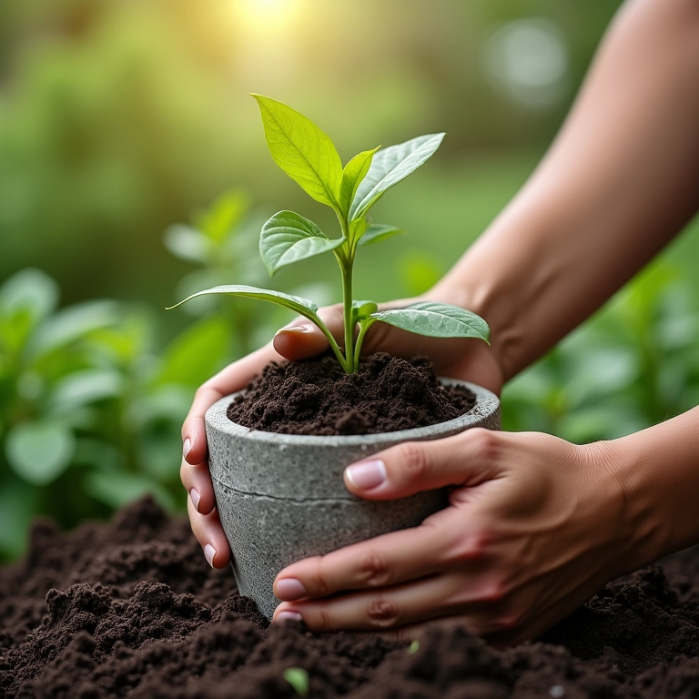 Adubando regularmente um vaso de cimento com fertilizante orgânico.