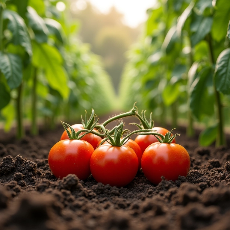 Adubando tomateiros com fertilizante orgânico, solo rico e crescimento saudável.