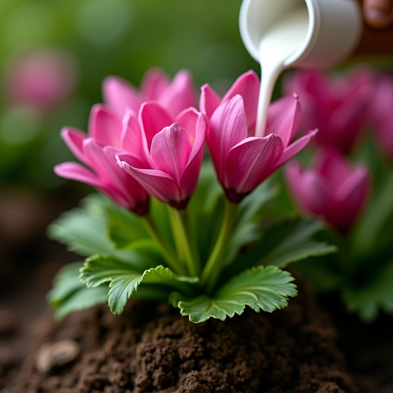 Adubando um ciclame para estimular o florescimento.