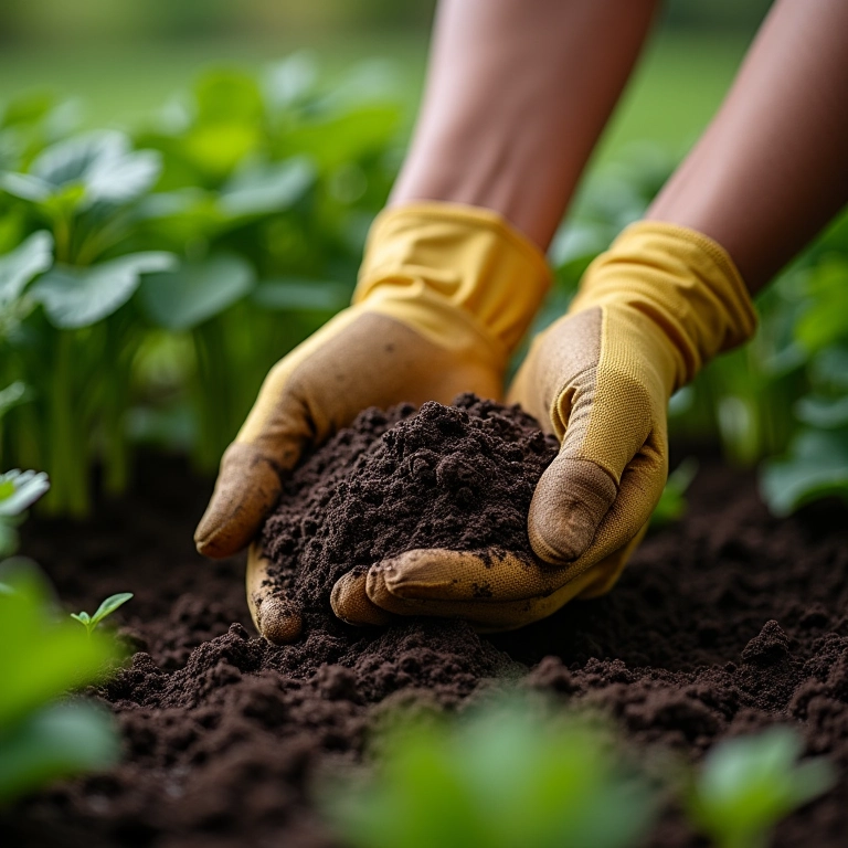 Adubo orgânico sendo adicionado ao solo.