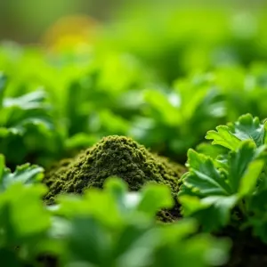 Adubo químico granulado em horta com vegetais.