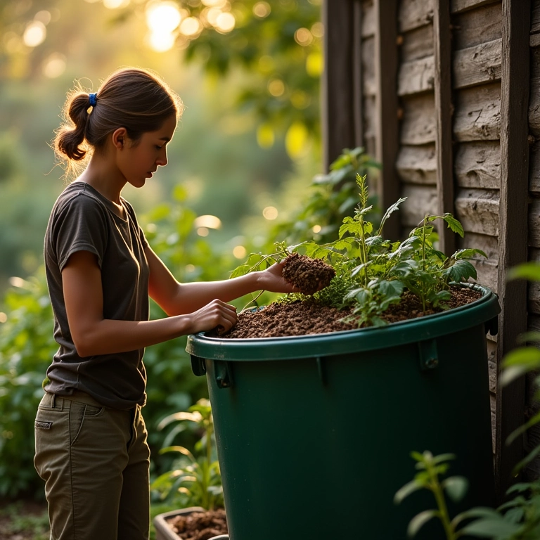 Adultos compostando lixo orgânico em uma composteira doméstica.