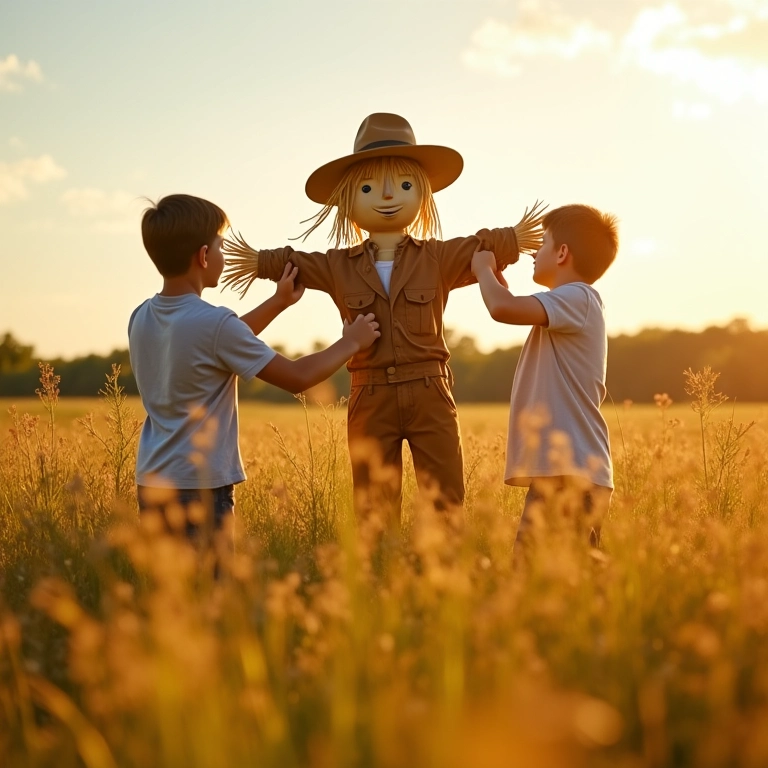 Adultos construindo um espantalho criativo em um campo.