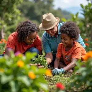 Atividades De Jardinagem Divertidas Para Fazer Com Crianças Adultos diversos cuidando de um jardim vibrante no Brasil.