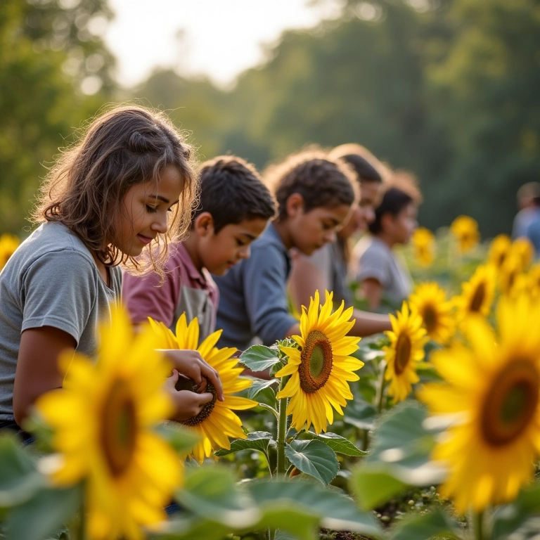 Adultos diversos plantando girassóis em um jardim.
