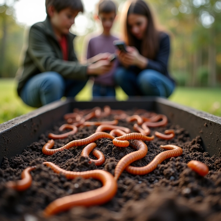 Adultos observando minhocas em uma composteira.