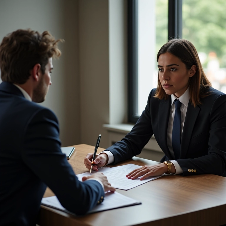 Advogado com cliente, documentos entre eles, representando o papel do advogado na delação.