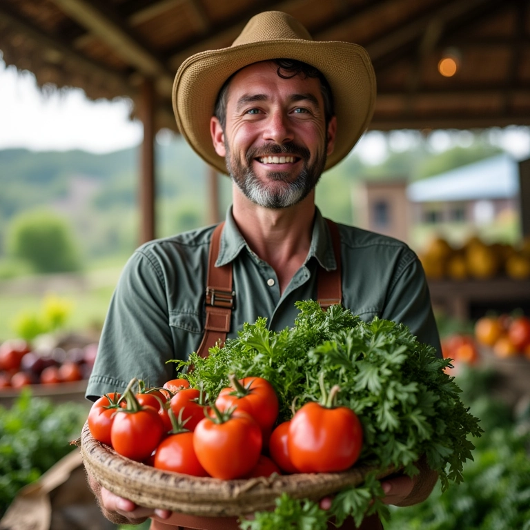 Agricultor divulgando seus produtos orgânicos em um mercado local.