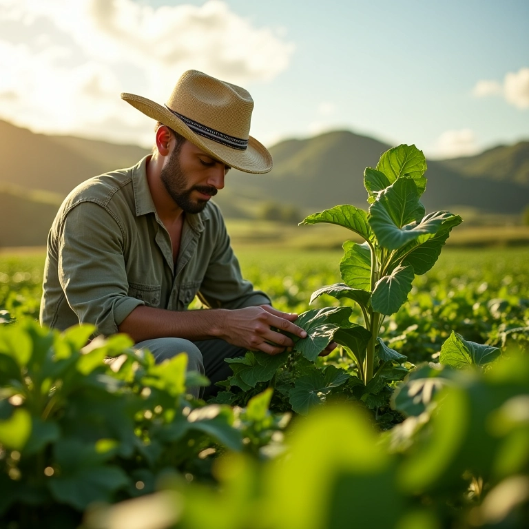 Agricultor examinando plantação geneticamente modificada