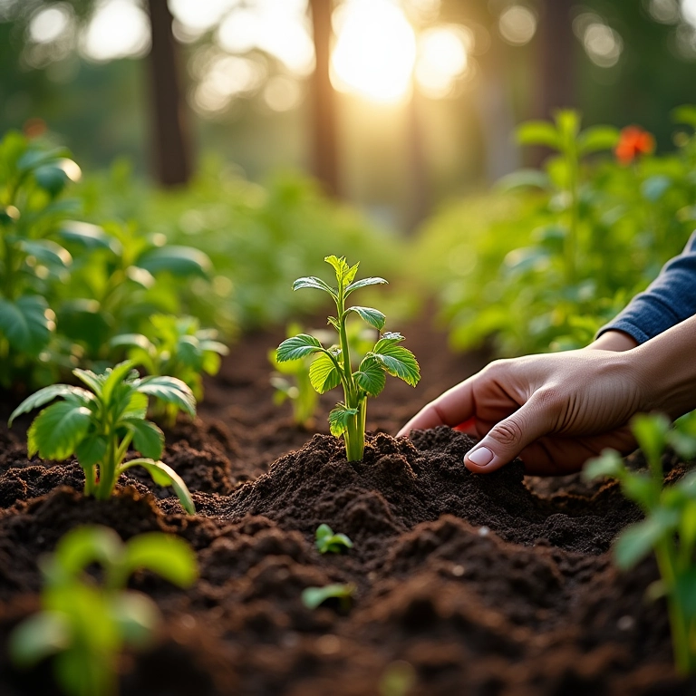 Agricultor observando a estrutura do solo em uma fazenda de permacultura.