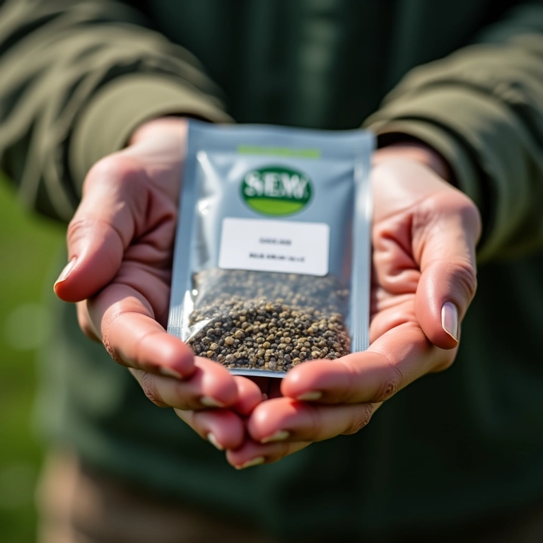 Agricultor segurando um pequeno pacote de sementes híbridas F1.