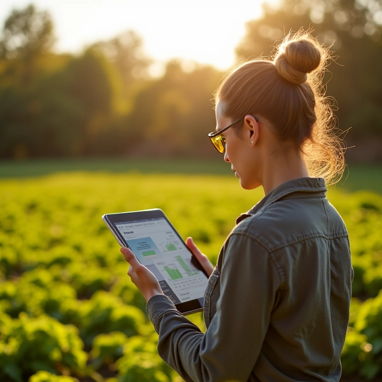 Agricultora planejando sua horta orgânica com tablet.