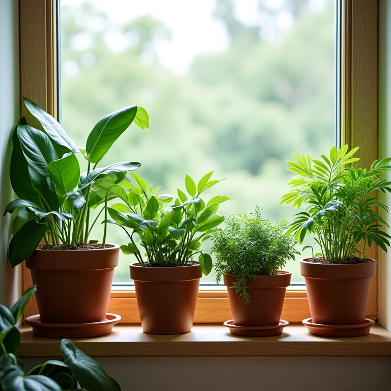 Agrupamento de vasos de plantas em uma prateleira, criando uma mini floresta em casa.