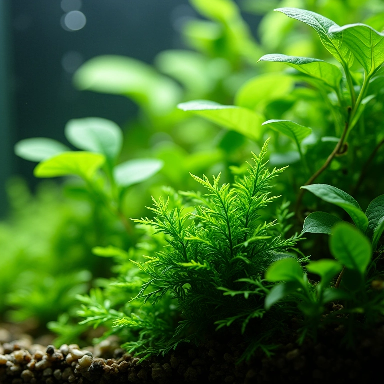 Água cristalina em aquário plantado, livre de algas.