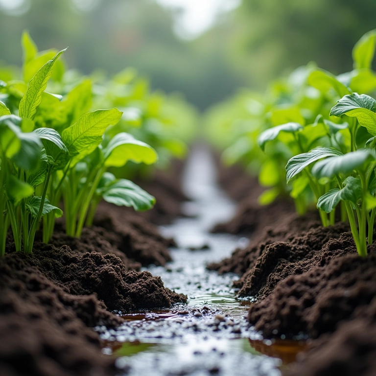 Água da chuva infiltrando no solo do jardim, recarregando o lençol freático.