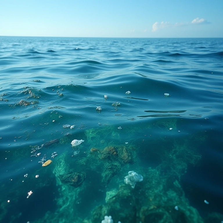 Água do oceano poluída com lixo plástico, mostrando o impacto da poluição na cor.