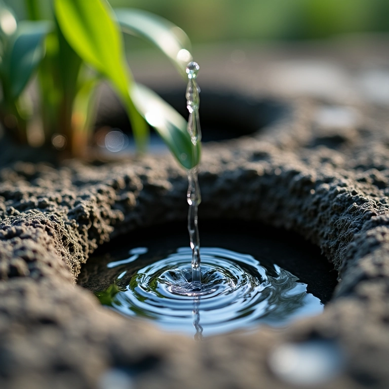 Água drenando dos furos de drenagem de um vaso de cimento.
