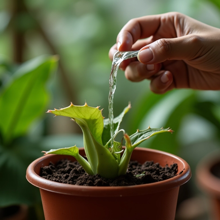 Água purificada sendo despejada em um vaso de planta carnívora.