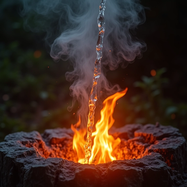 Água sendo jogada no fogo, com vapor subindo.